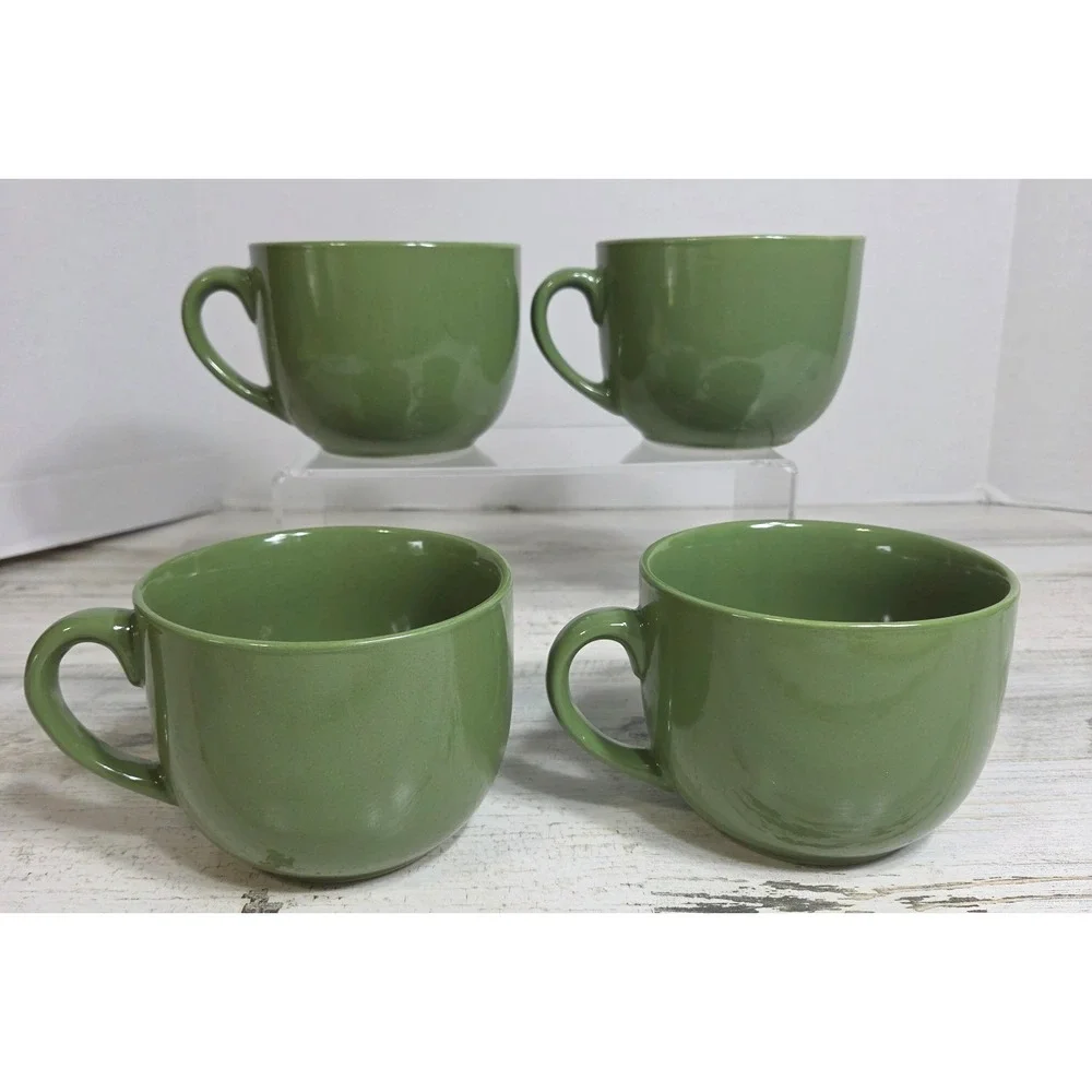 Set of 4 Pier 1 Essential Cafe Au Lait GreenStoneware Oversized Coffee Mugs 22oz